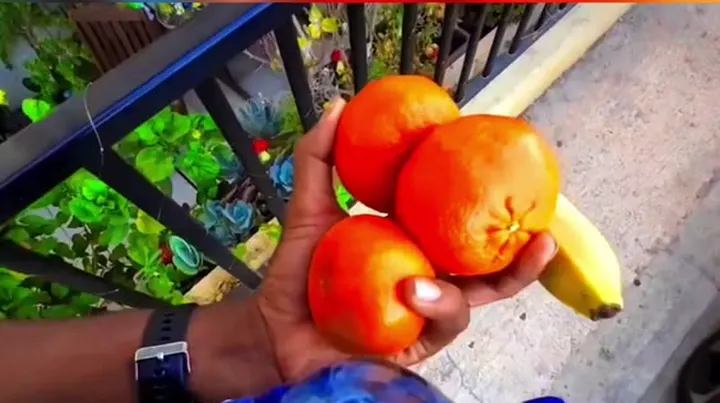 A hand holding three oranges and a banana above a balcony railing